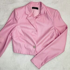 Ontwetth Women’s Cropped Pink Faux Leather Blazer Jacket - Size S